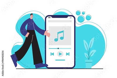 Canvastavla Flat vector illustration of a smartphone displaying a music player interface with playback controls