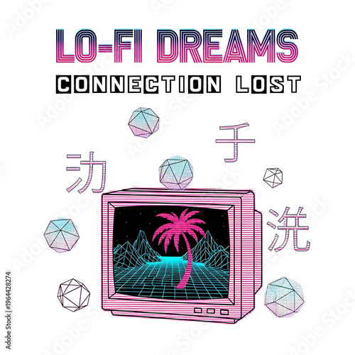 Retro CRT television displaying a neon palm tree on a grid landscape, lo-fi dreams theme, isolated on transparent background