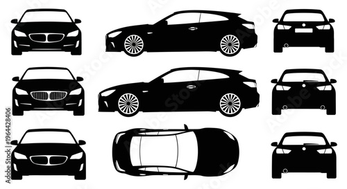 Black Car Silhouette Set: Front, Side, Rear, Top Views