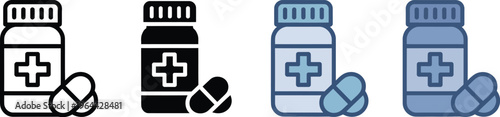 Medication icon with bottle and capsule in multiple styles, clean minimal vector for medicine pharmaceuticals healthcare and drug administration.