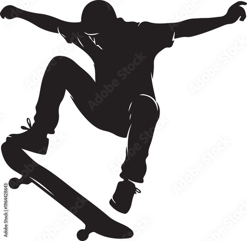 Black silhouette skateboarder, performing trick, dynamic action pose, sports icon
