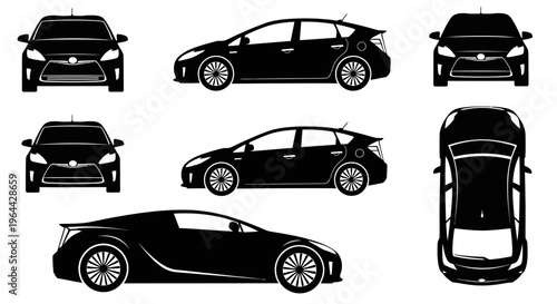 Black car silhouette set: front, side, top views. Vector illustration.