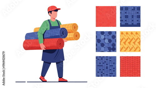 Textile Tradesman with Sample Patterns: A skilled tradesman, arms laden with textile rolls and an array of patterns, embodies craftsmanship and quality in this studio composition. 