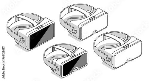 Four virtual reality headsets in an isometric line art illustration.