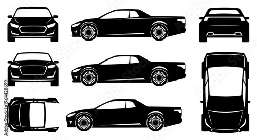 Black Car Silhouette Set: Front, Side, Top, and Rear Views