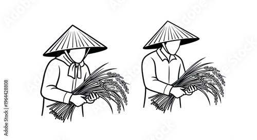 Two farmers wearing conical hats holding rice.