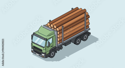Green Logging Truck Carrying Stacked Wooden Logs Isometric View.