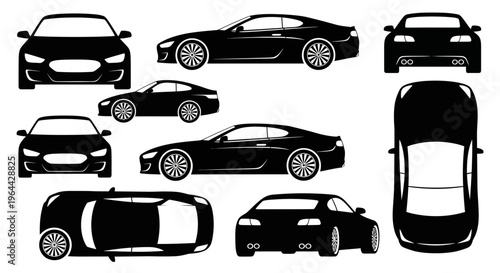 Black Car Silhouettes Collection: Multiple Angles of Sports and Sedan Cars