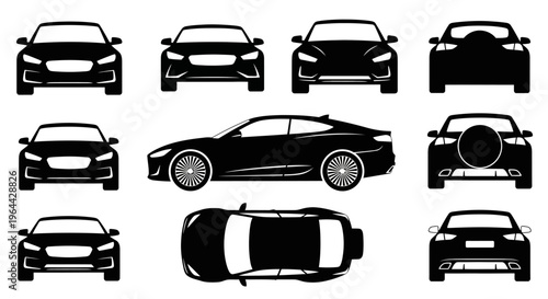 Black Car Silhouettes Collection: Front, Side, Top Views