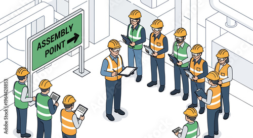 Group of industrial workers in hard hats and safety vests gathered for a meeting.