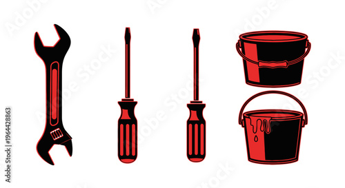 Red tools and buckets on white.