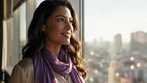 Woman looking out city window smiling.
