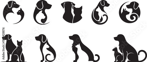 Unique professional style pet shop, modern, logo collection, various artistic styles, cat and dog side view clipart flat vector design.