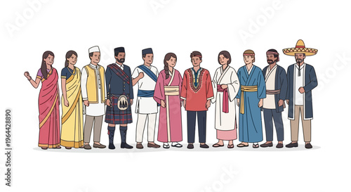 Diverse people in traditional clothing standing.