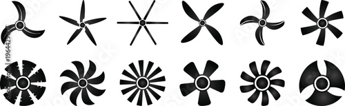 Fan blade silhouette  collection, industrial style, aircraft, airplane propeller motor blades flat vector design.