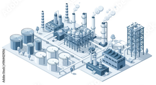 Industrial Chemical Plant with Storage Tanks and Smokestacks.