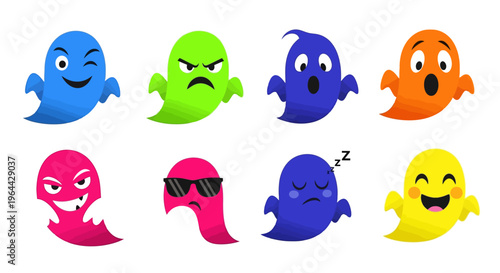 Colorful cartoon ghost characters smiling laughing.