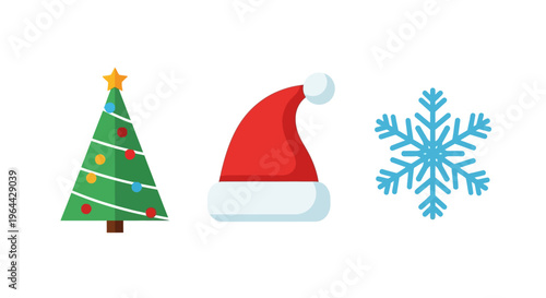 Christmas tree Santa hat snowflake icons.