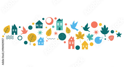 Colorful icons of houses and nature.