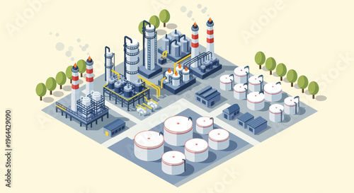 Industrial Chemical Plant with Storage Tanks and Towers.