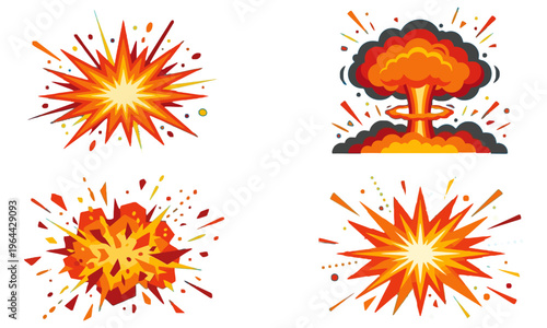 Four orange explosion graphics with dynamic lines and a mushroom cloud are depicted in a collage on a white background.