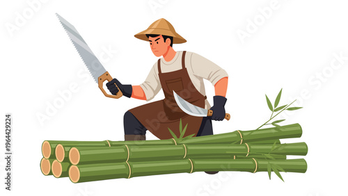 Bamboo Harvest: A focused artisan expertly wields a hand saw and knife, meticulously cutting fresh bamboo stalks with precision and skill.