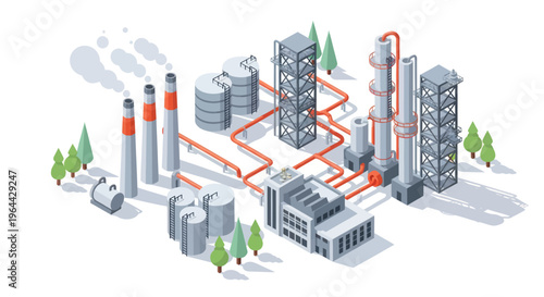 Industrial complex with pipes and towers illustration.