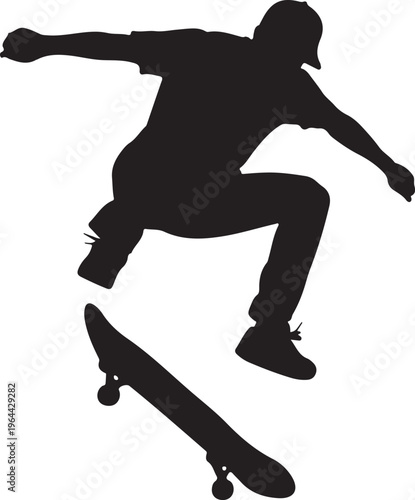 Black silhouette skateboarder, performing trick, dynamic action, sports icon
