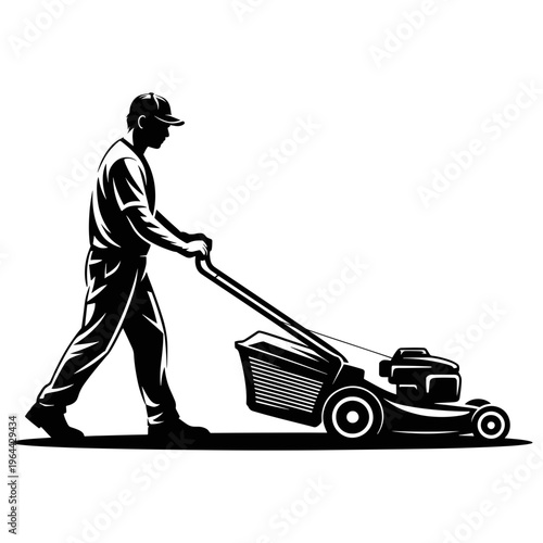 Man pushing lawn mower silhouette black white
