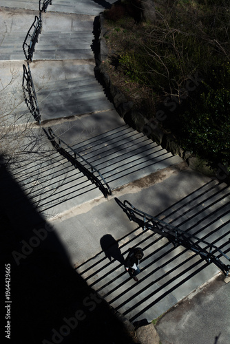 High angle view of a person walking down stone stairs in a park with long shadows cast by the afternoon sun.