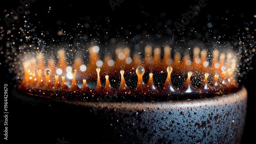 Close-up of a burst of blue-orange flame creating delicate light patterns on a black background, tiny luminous highlights on the surface, the concept of energy
