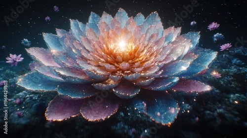 A stunning lotus flower shines with bright colors under a starry sky creating magic