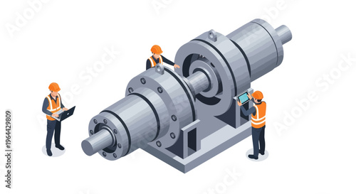 Industrial Gearbox Maintenance with Engineers Isometric Illustration.