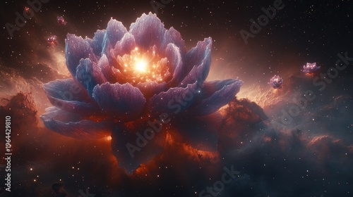 A giant flower glows in space surrounded by vibrant stars and clouds
