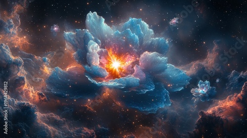 Colorful clouds take shape like flowers bursting with light in the dark cosmic backdrop
