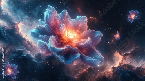 Radiant flowers emerge in deep space surrounded by swirling cosmic clouds and stars
