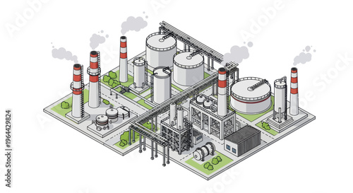 Industrial Factory Complex with Smokestacks and Storage Tanks.