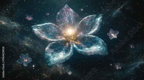 A stunning flower shines in the cosmic void surrounded by stars and galaxies