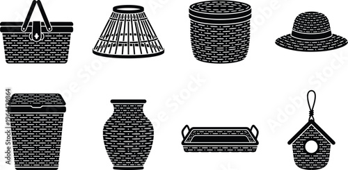 Collection of eight black and white icons representing various woven basket and container types silhouette