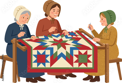 Three generations of women collaboratively hand-stitching an intricate quilt on a frame, embodying a timeless tradition of craft, community, and domestic artistry