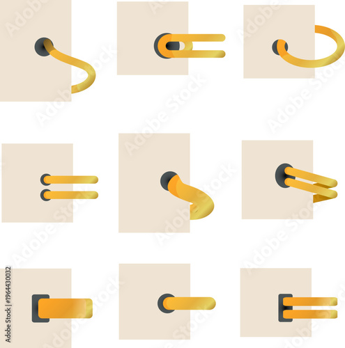 ケーブルや配線が差し込まれるミニマルな接続イメージセット、ITインフラやネットワーク概念を表現した現代的ビジネスアイコン背景