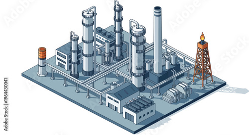 Industrial Oil Refinery Plant with Towers and Pipelines.