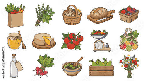 Local food market symbols vector set with artisan bread herbs mushrooms honey tomatoes cheese and farm produce isolated on white