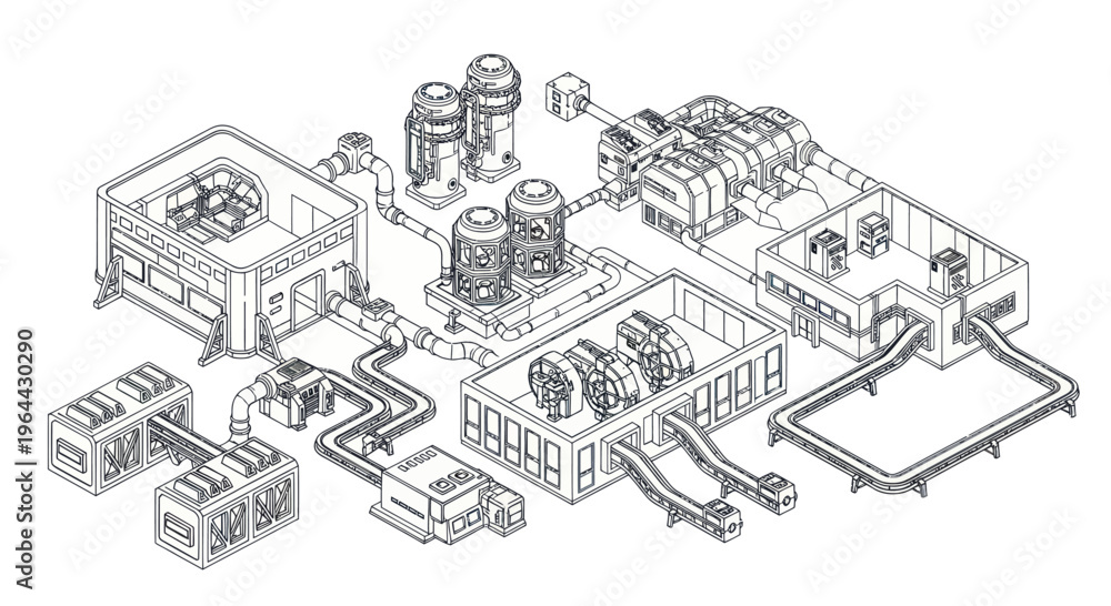 Obraz premium Industrial Power Plant Schematic Diagram with Turbines and Generators.