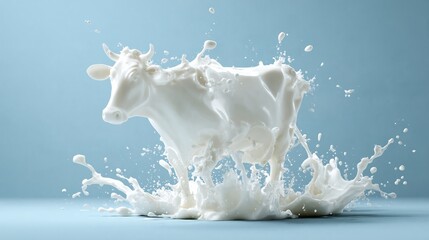 White cow made of milk splashes in dynamic motion against a light blue background, creating a visually striking and playful dairy-themed composition