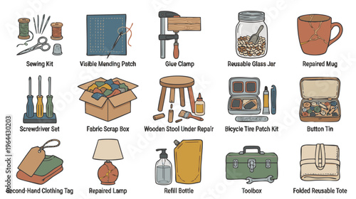 Repair reuse restore vector set with sewing kit mending patch repaired mug toolbox and refill accessories isolated on white background