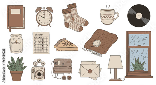 Cozy offline weekend vector set with book vinyl candle tea mug blanket and home leisure objects isolated on white background