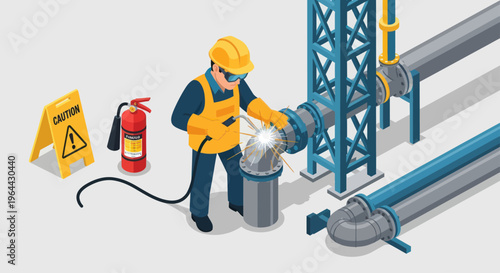 Industrial worker welding pipe with safety equipment on site.