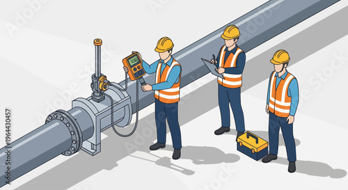 Industrial workers in hard hats and safety vests inspecting a large pipeline.