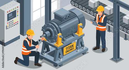 Industrial workers maintaining large electric motor in factory.